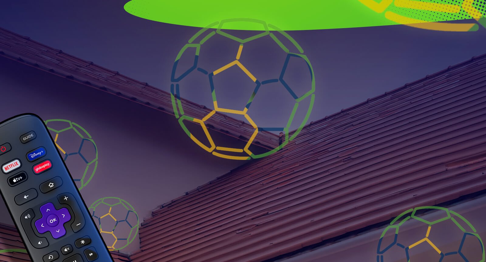 Controle remoto Smart TV AOC Roku Série 7045 com atalhos de aplicativos. Fundo telhado e bolas de futebol.