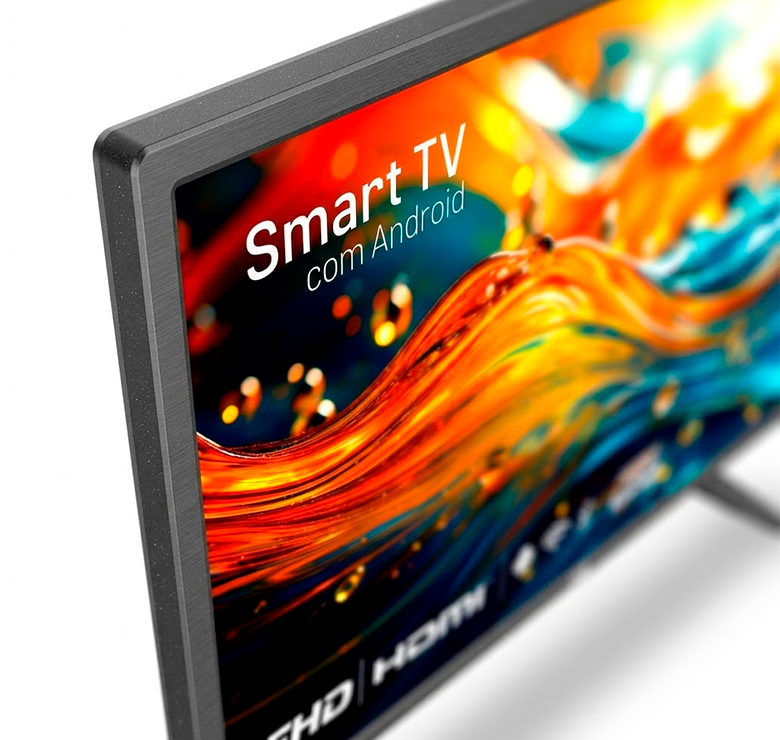 Detalhe superior da moldura fina e acabamento escovado da Smart TV HQ 43 polegadas LED Full HD