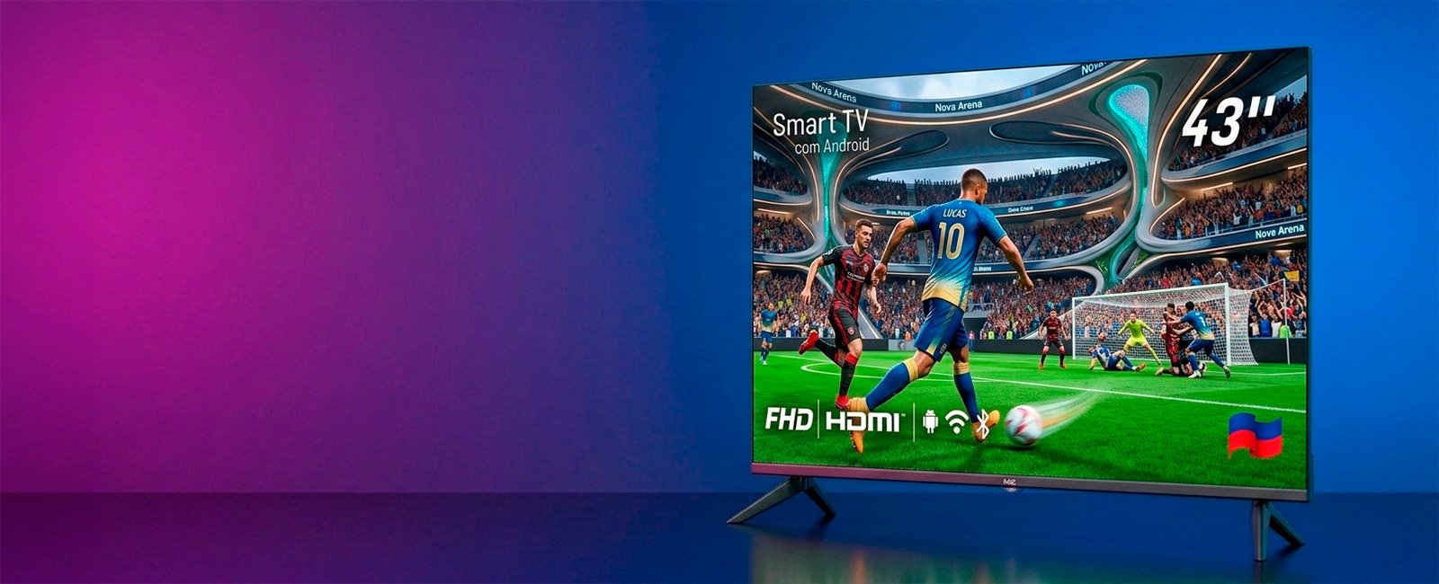 Smart TV HQ 43 polegadas LED Full HD Android, Bluetooth e Wi-Fi integrada exibindo jogo de futebol