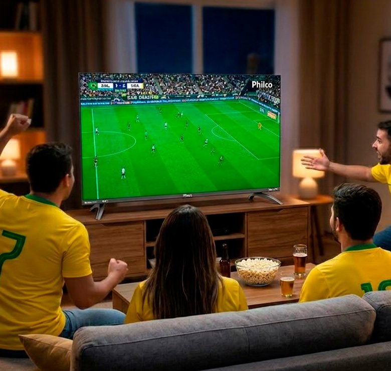 Pessoas assistindo futebol na Smart TV Philco 55 polegadas 4K UHD LED