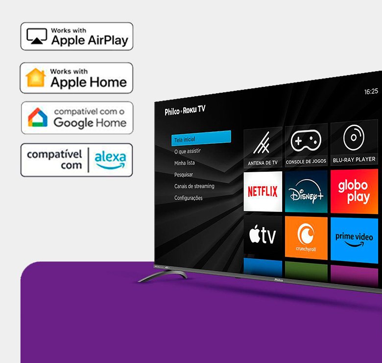 Interface Roku TV Philco com Netflix, Disney Plus e compatibilidade Alexa