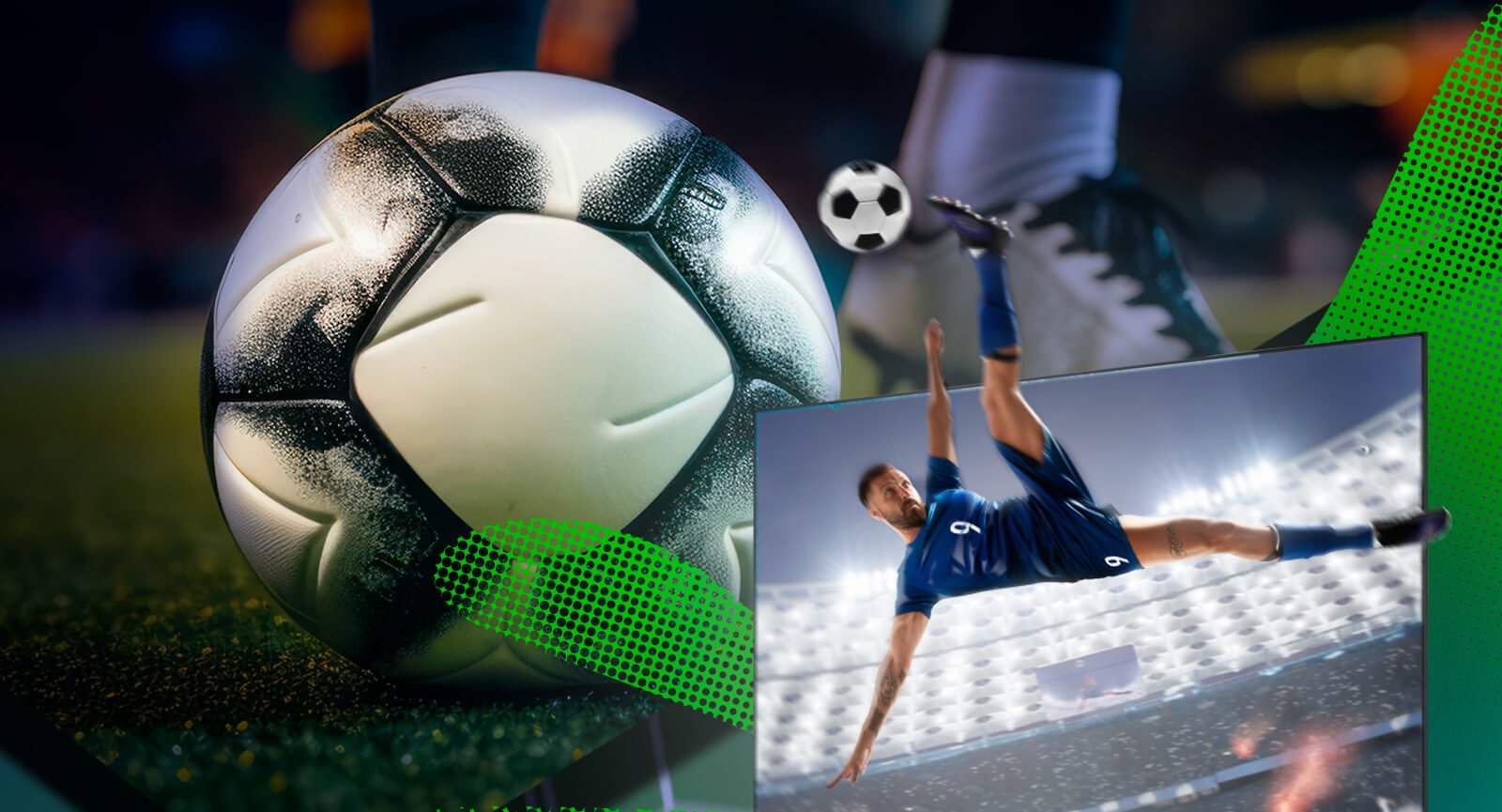 Smart TV Philips exibindo jogador de futebol em lance acrobático e bola em primeiro plano