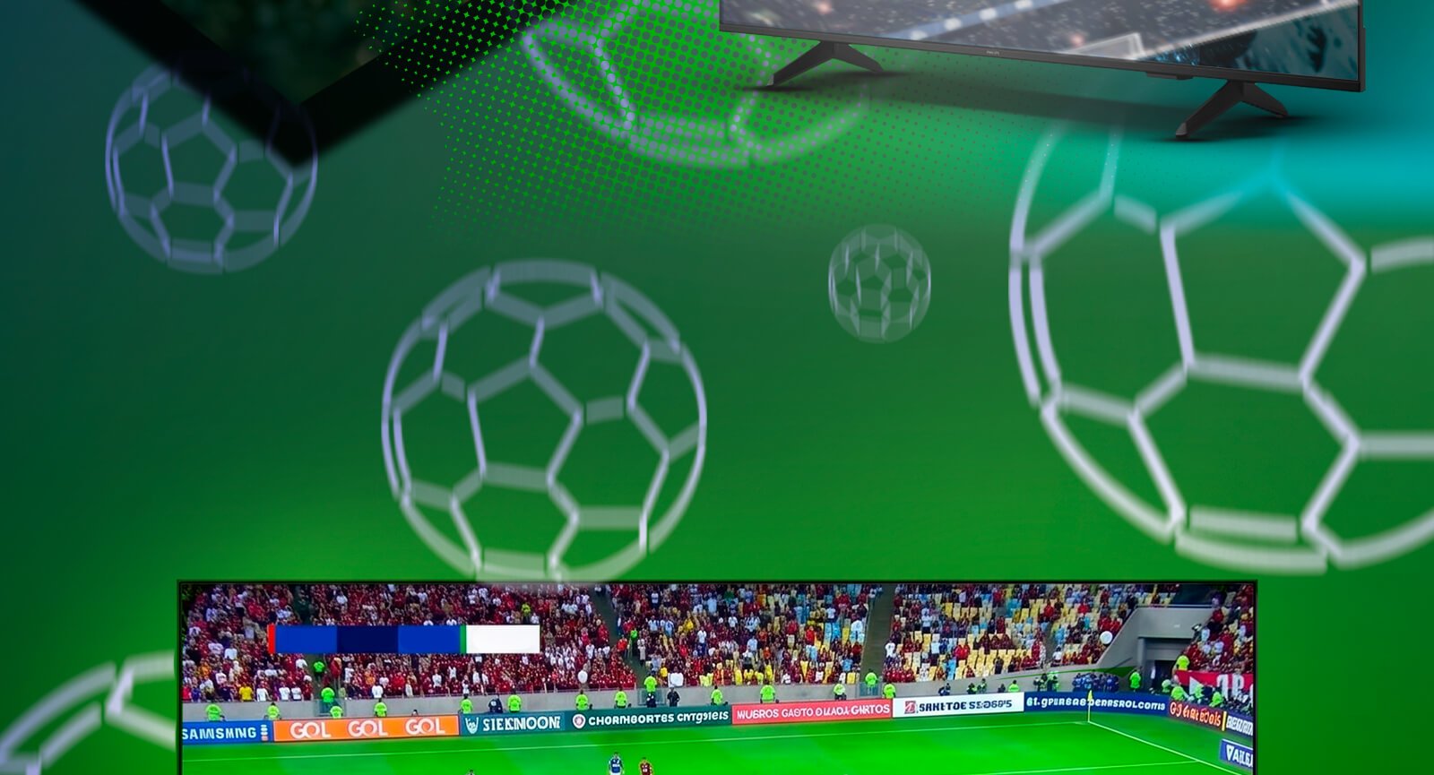 Smart TV Philips transmitindo partida de futebol em estádio lotado com fundo verde gráfico