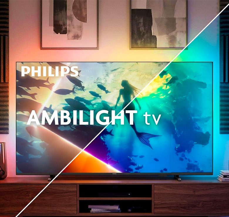 Detalhe Smart TV Philips 55 polegadas 4K Ambilight ressaltando cores vívidas e design sem bordas
