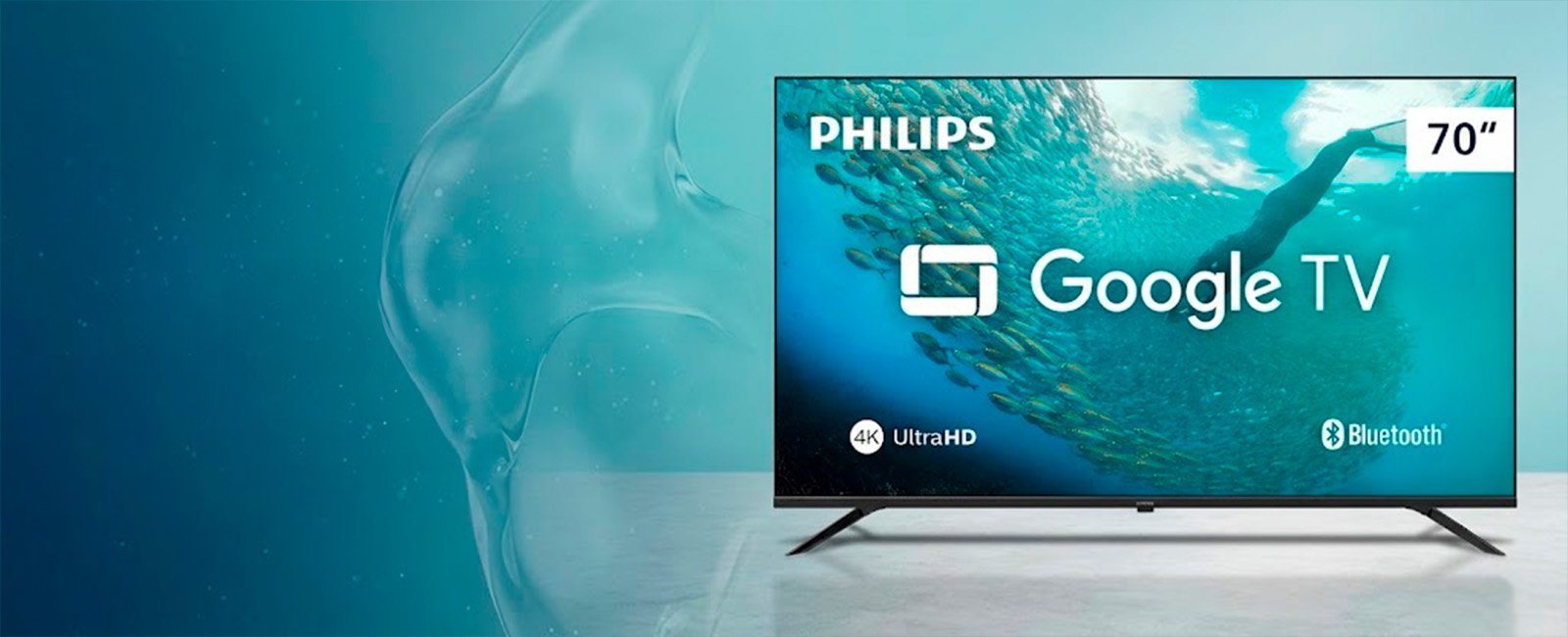 Smart TV Philips 70 Polegadas 4K UHD Google TV Bluetooth tela infinita fundo azul