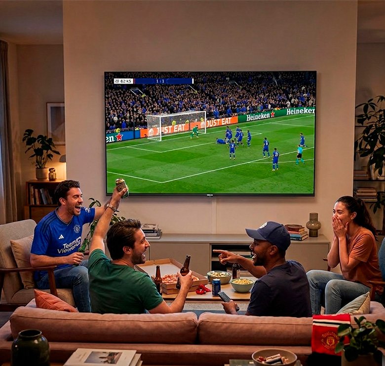 Amigos reunidos sala assistindo futebol Smart TV Philips 70 polegadas 4K UHD
