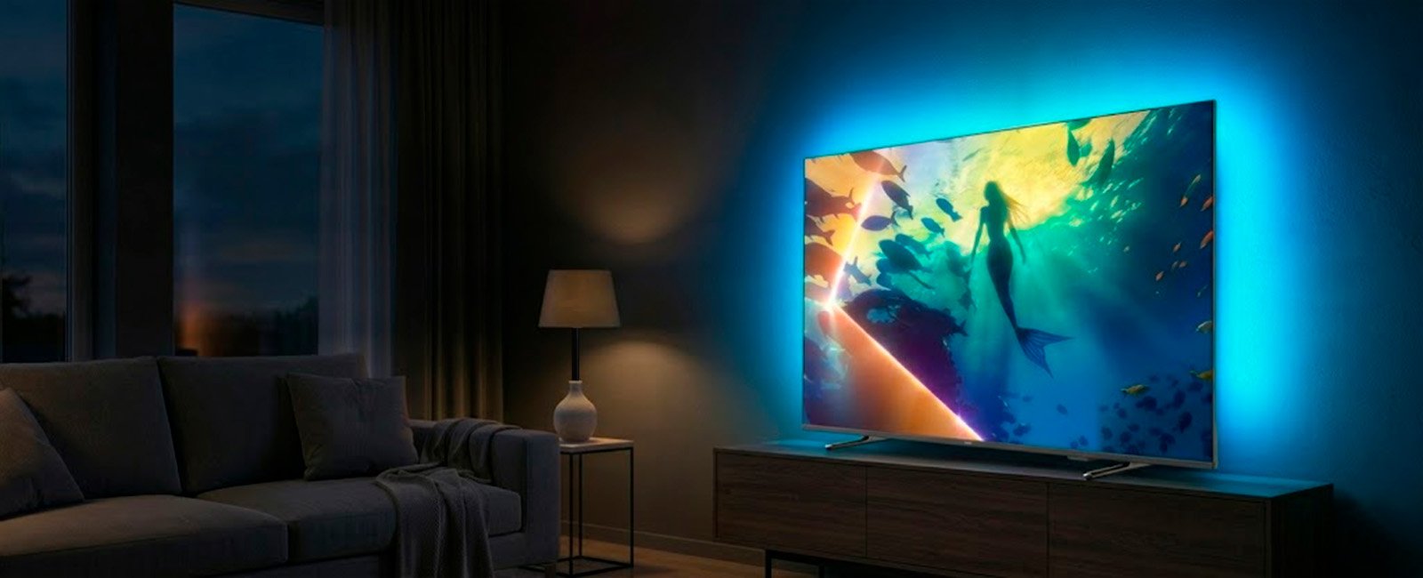 Smart TV Philips 55 polegadas 4K com tecnologia Ambilight projetando luzes coloridas na parede