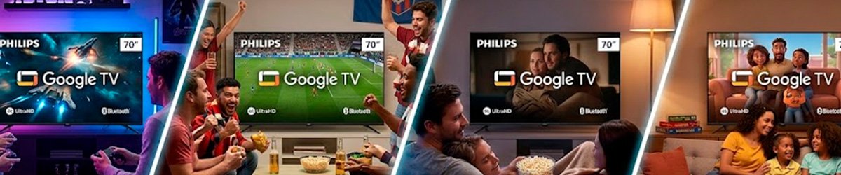 Smart TV Philips 70 Polegadass 4K Google TV em quatro ambientes diferentes: games, futebol, cinema e família