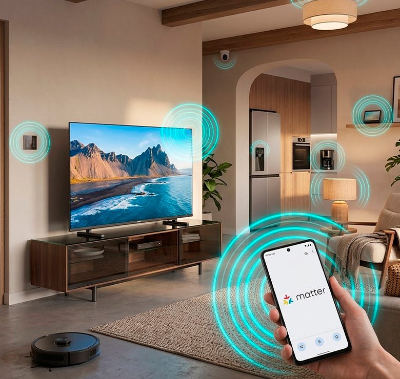 Pessoa usando smartphone com app Matter para controlar Smart TV Philips e dispositivos domésticos