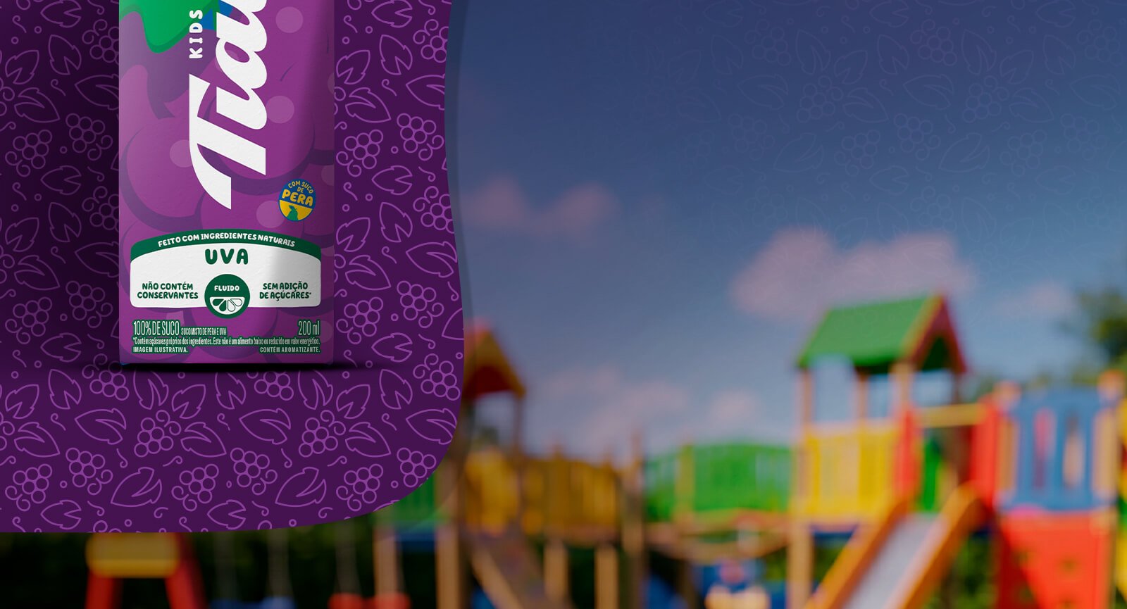 Detalhe rótulo suco uva Tial Kids 200ml sem açúcar conservantes fundo parque