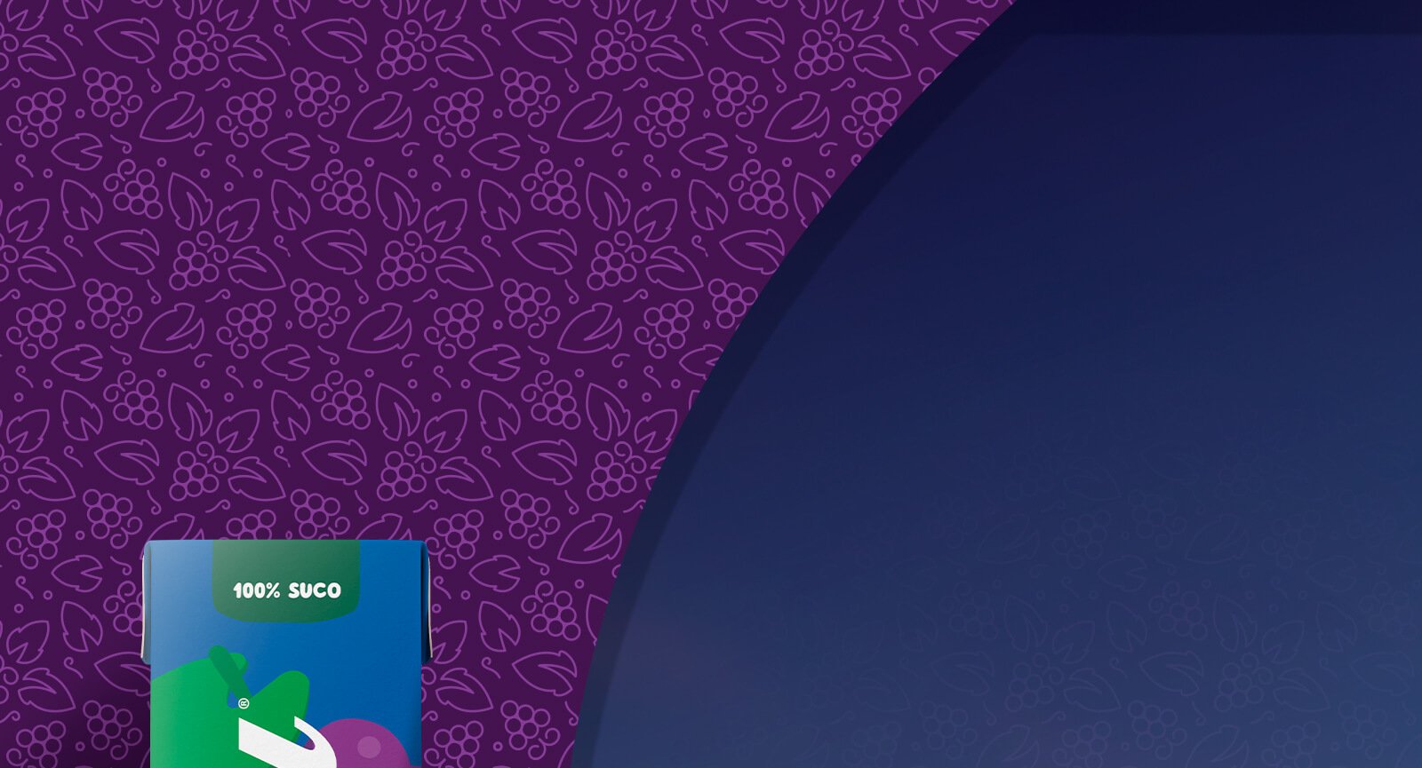 Topo embalagem suco uva Tial Kids fundo diagonal roxo azul espaço texto