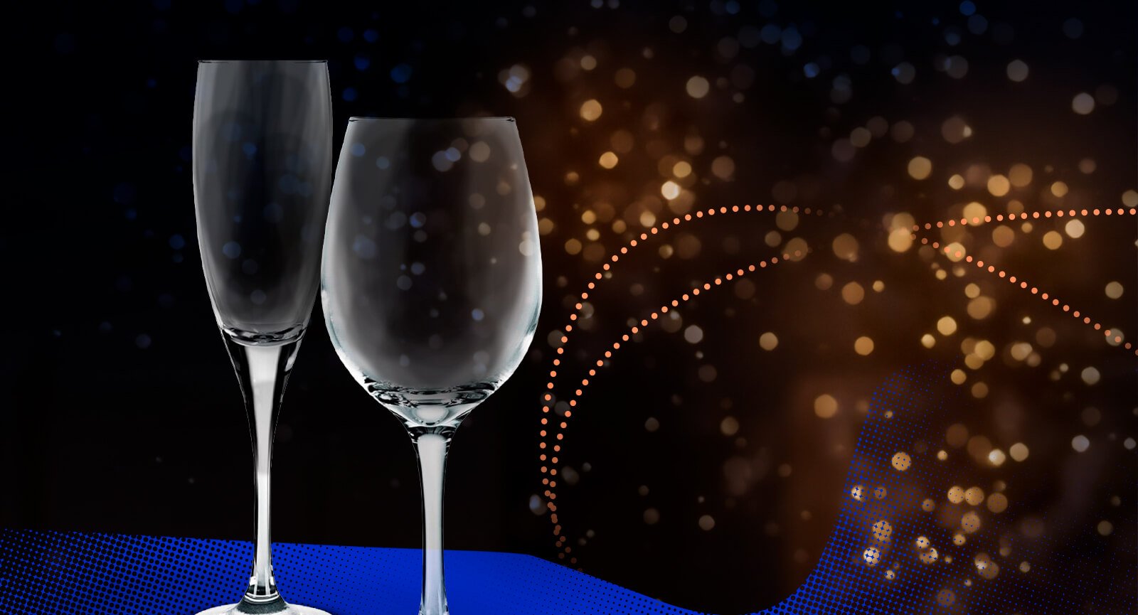 Taças Nadir Barone Champanhe e Vinho vazias fundo escuro luzes festivas