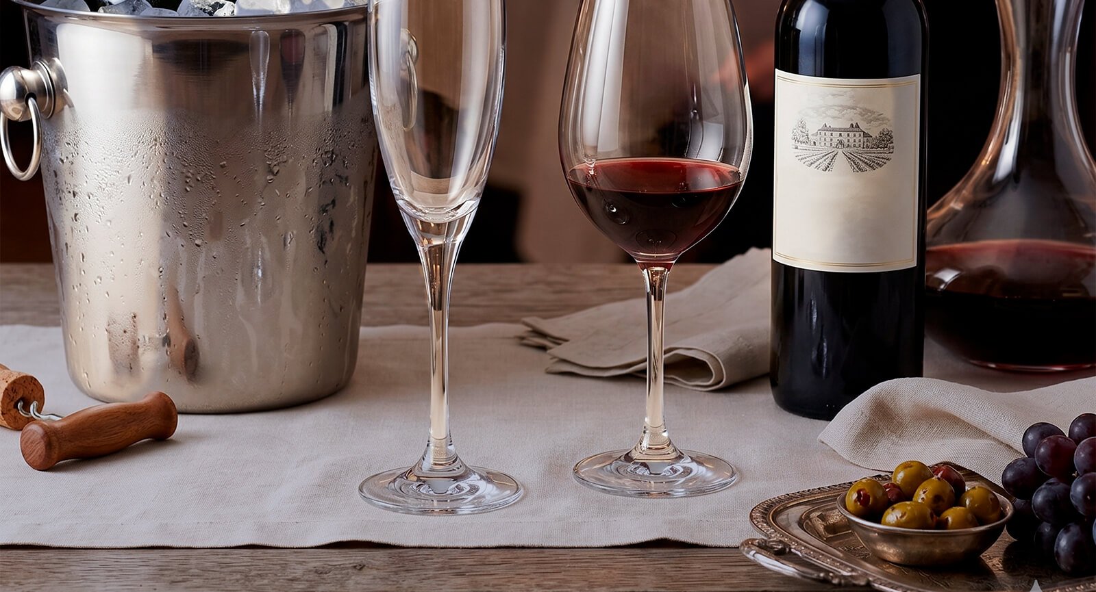 Taças Nadir Barone Champanhe e Vinho mesa posta garrafas e petiscos