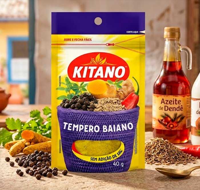 Embalagem Tempero Baiano Kitano 40g sem adição de sal ao lado de azeite de dendê e especiarias