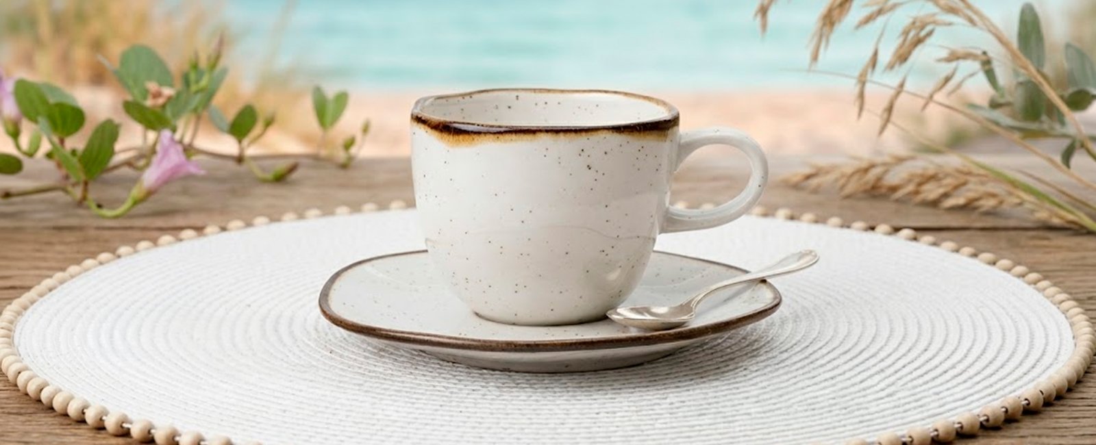 Xícara de chá e pires Oxford Ryo Maresia em porcelana branca com detalhes marrons em cenário de praia